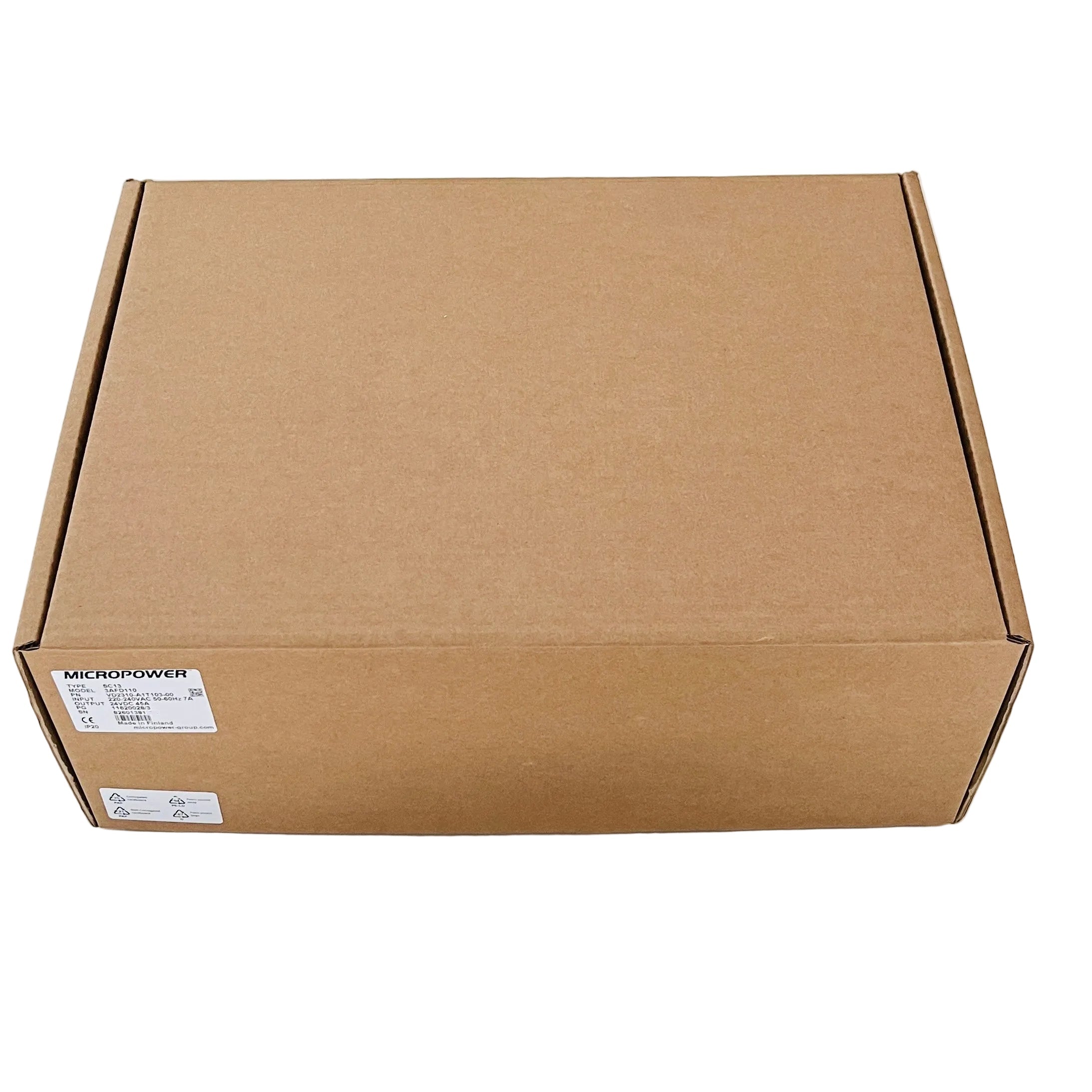 Brown original SC13 Charger cardboard box with MicroPower label. This is the box you will receive the charger.

Made in Finland